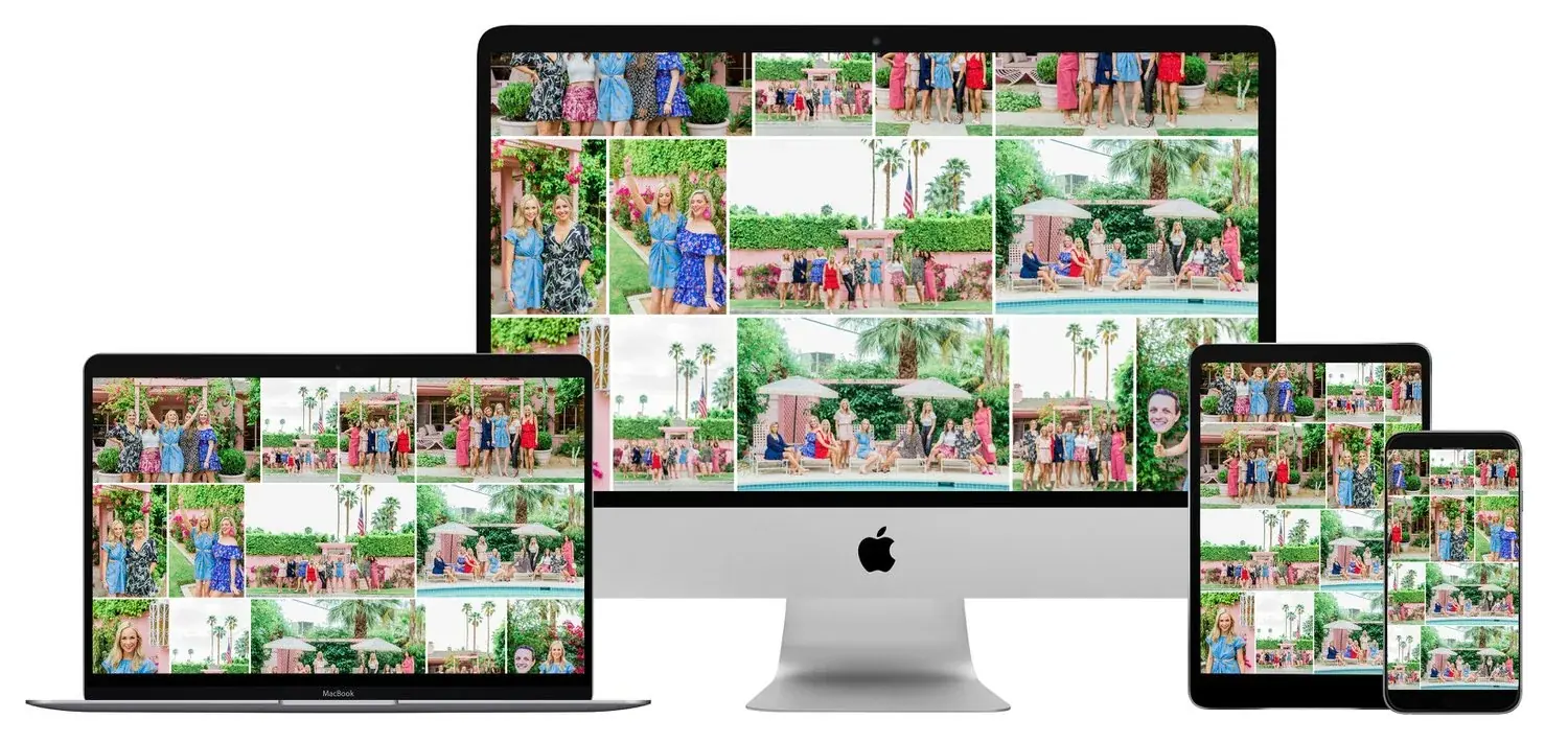 Photo gallery displayed across laptop, monitor, tablet, and phone